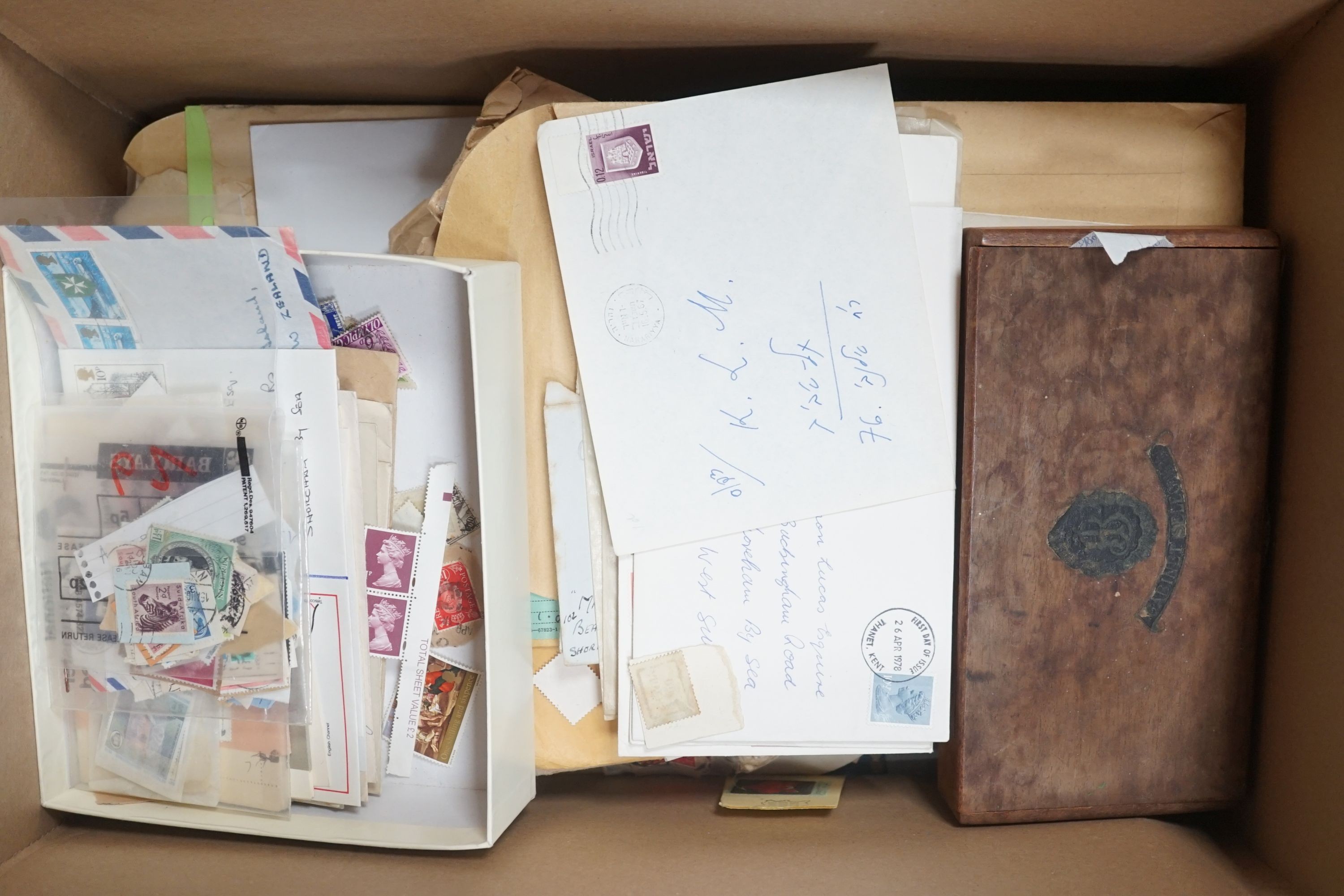 World stamps in ten albums including Lincoln and Strand, loose in packets, postal history including Dec. 1954 Crash Cover Prestick, 1901 Boer War, Iraq 1950's, Channel Isles War Time issues postal stationery (2 boxes)